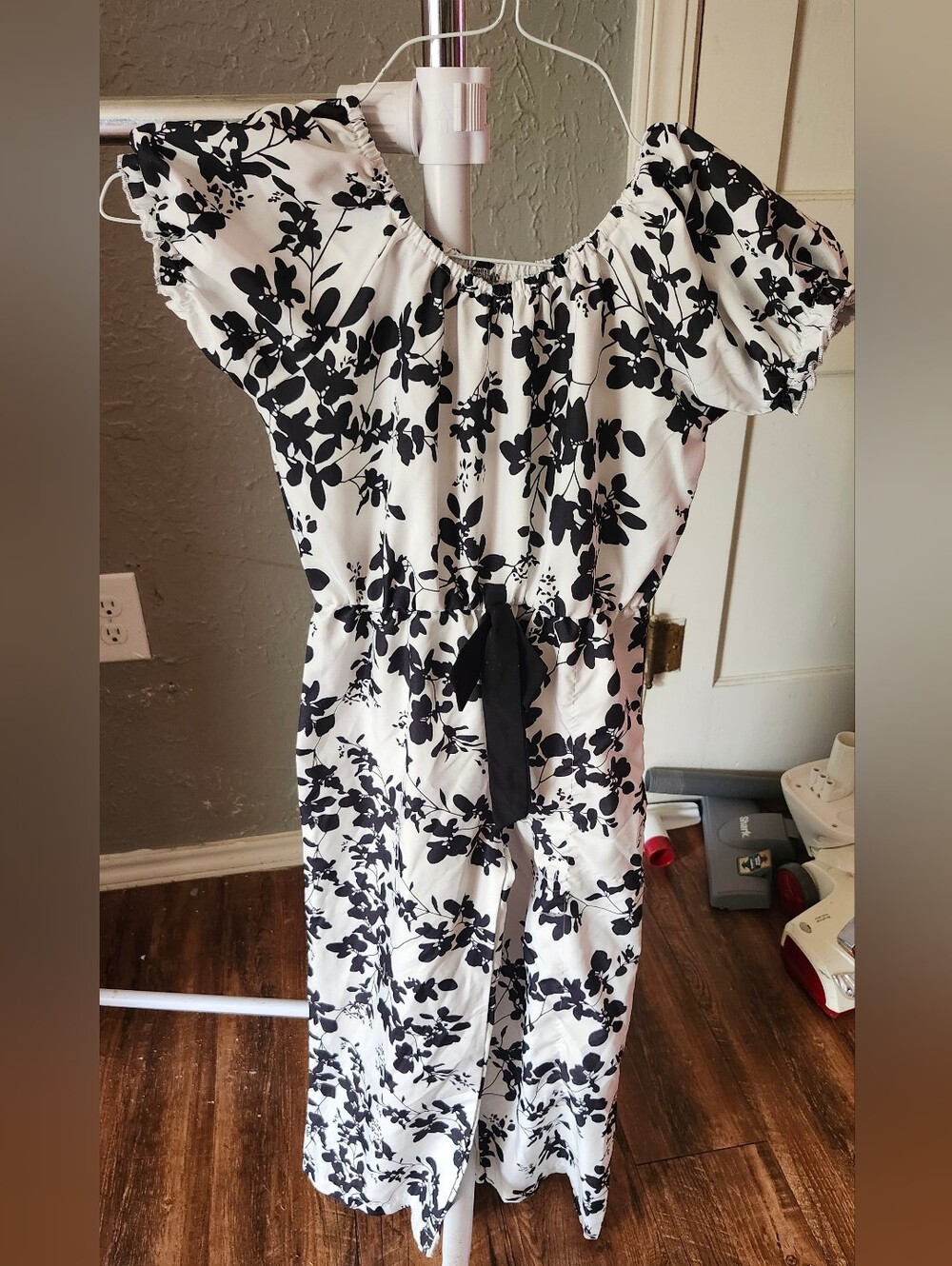 Girls Black & White Floral Casual Romper with BowTie